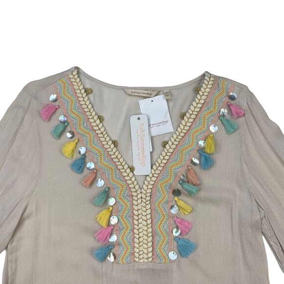 Soft Surroundings Clementine Tunic Top S Natural Embroidered Tassels Coastal - Picture 4 of 12